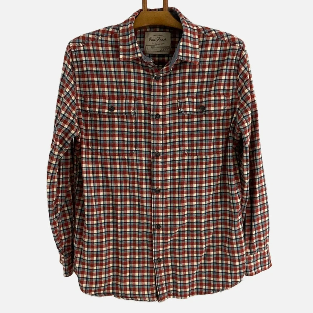 Old Ranch Men’s Flannel Plaid Button Up Shirt Size Large Rust‎ Multi Colour